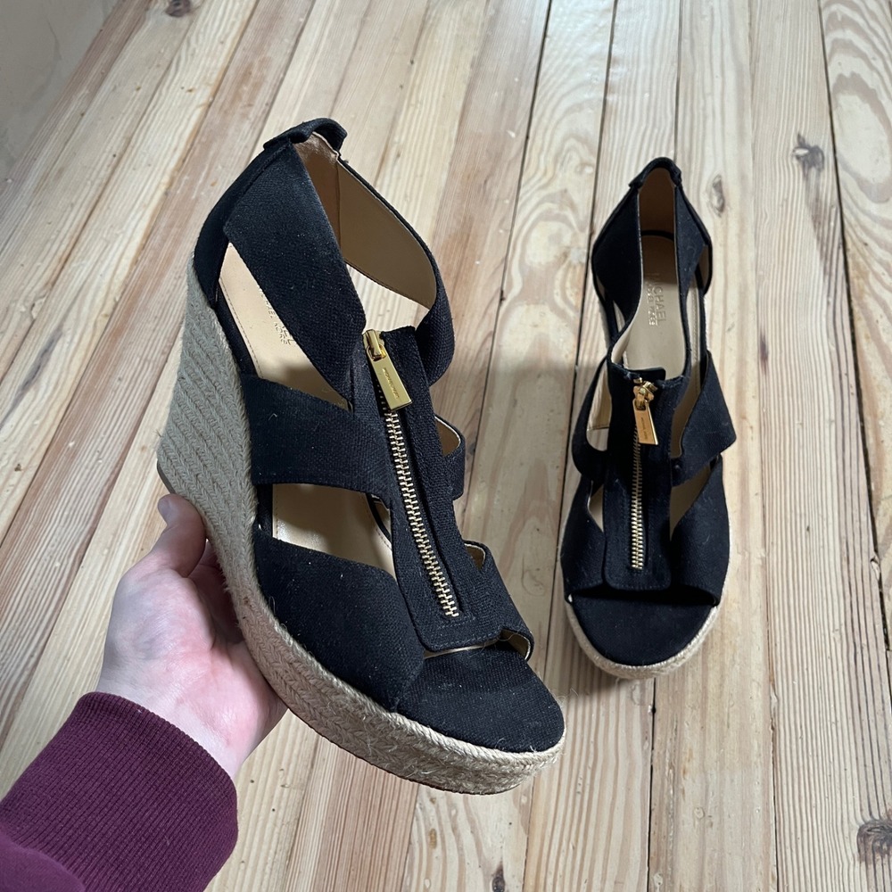 Michael Kors Black Canvas Front Zip Espadrille Wedge Sandals Gold Hardware Boho